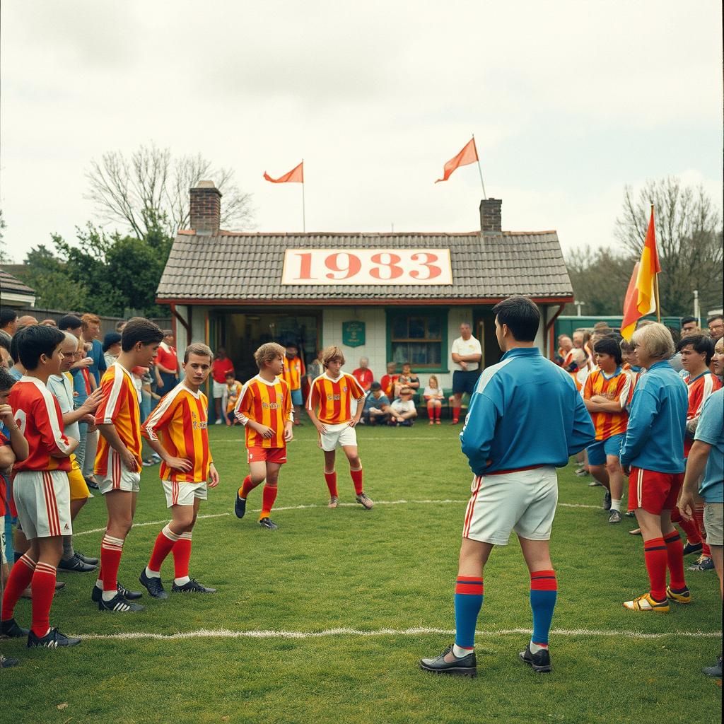 A nostalgic depiction of a small, local football club in 1980s, capturing the essence of grassroots football