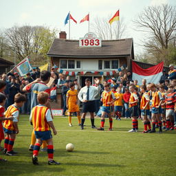 A nostalgic depiction of a small, local football club in 1980s, capturing the essence of grassroots football