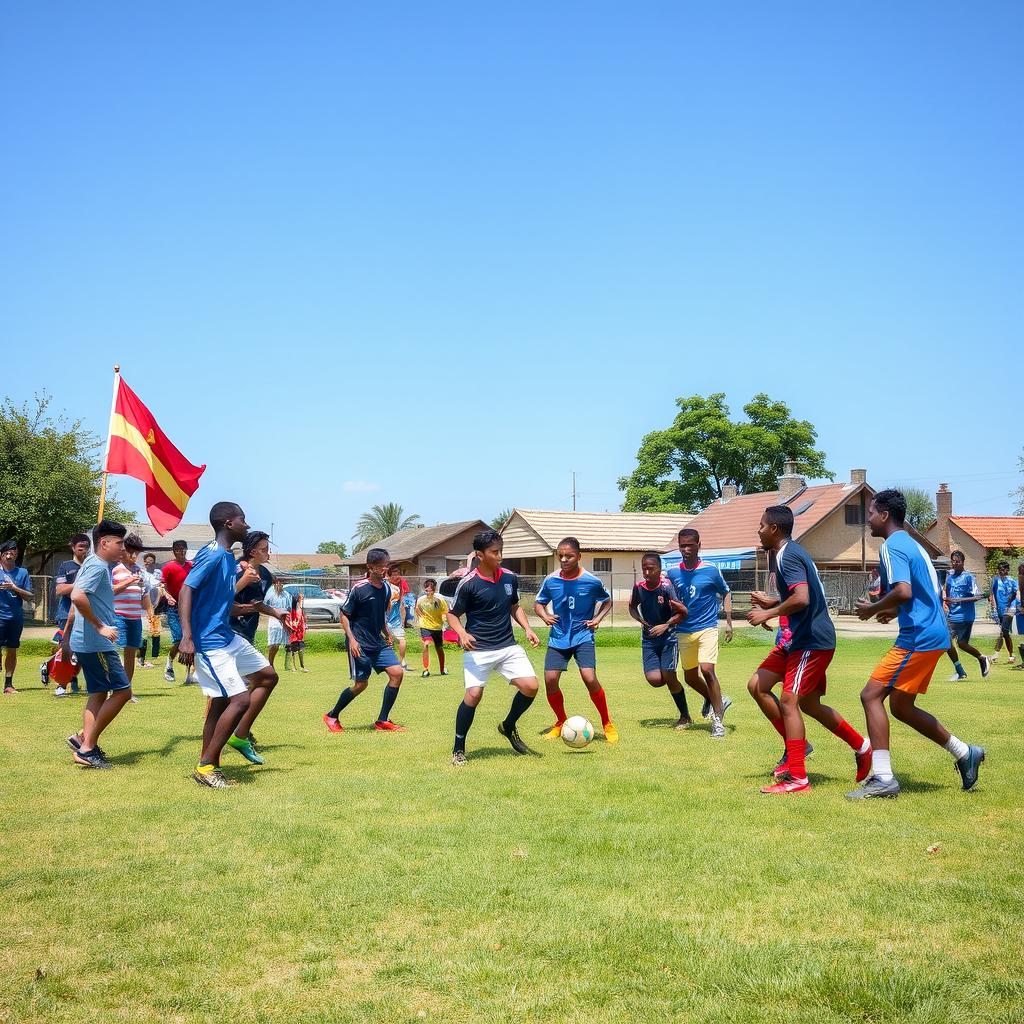 A vibrant scene of a soccer practice in a rural area, showing a group of enthusiastic players training on a grassy field under a clear blue sky