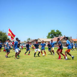 A vibrant scene of a soccer practice in a rural area, showing a group of enthusiastic players training on a grassy field under a clear blue sky