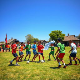 A vibrant scene of a soccer practice in a rural area, showing a group of enthusiastic players training on a grassy field under a clear blue sky