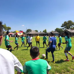 A vibrant scene of a soccer practice in a rural area, showing a group of enthusiastic players training on a grassy field under a clear blue sky