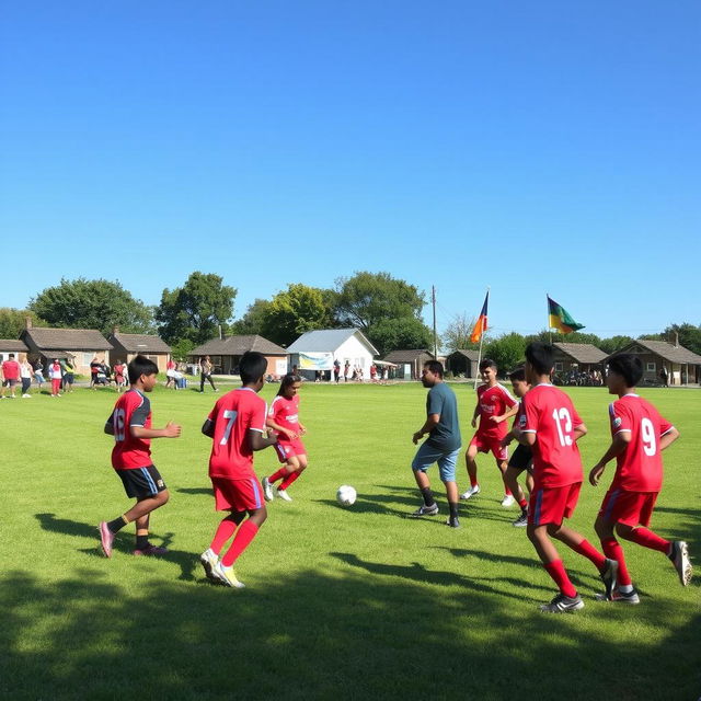 A vibrant scene of a soccer practice in a rural area, showing a group of enthusiastic players training on a grassy field under a clear blue sky