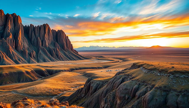 A dramatic Mongolian extreme landscape showcasing breathtaking natural features such as towering granite cliffs, deep canyons, and vast expanses of rugged terrain