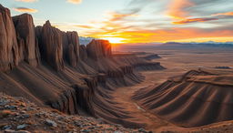 A dramatic Mongolian extreme landscape showcasing breathtaking natural features such as towering granite cliffs, deep canyons, and vast expanses of rugged terrain