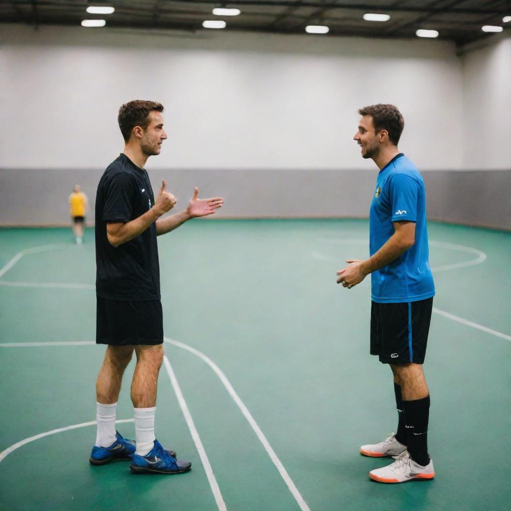 Two players discussing key rules of indoor soccer on a vibrant futsal court