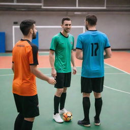 Two players discussing key rules of indoor soccer on a vibrant futsal court