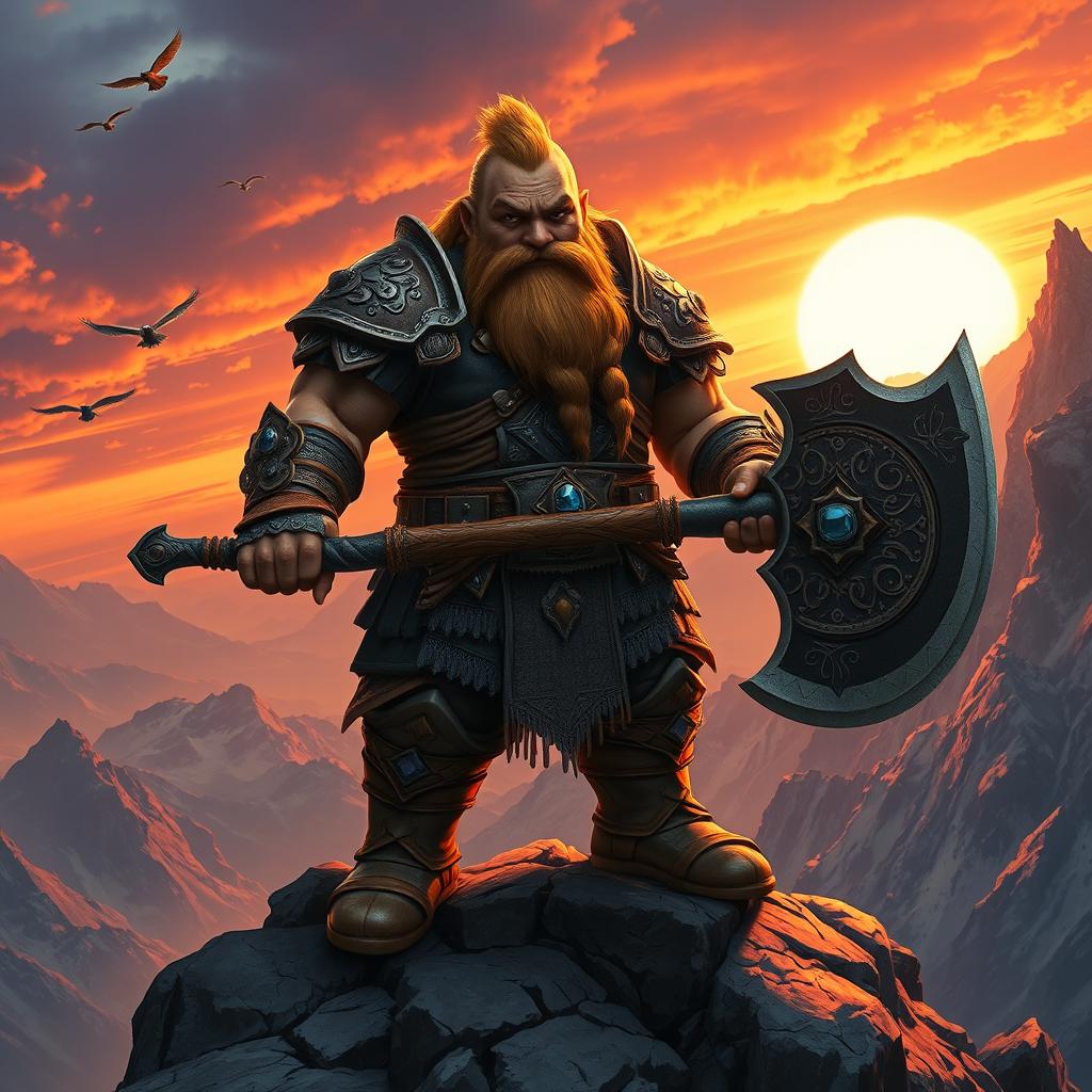 A heroic dwarf standing proudly on a rocky mountain peak, wearing ornate, intricately designed armor adorned with gemstones