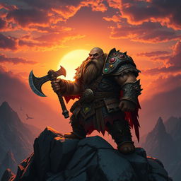 A heroic dwarf standing proudly on a rocky mountain peak, wearing ornate, intricately designed armor adorned with gemstones