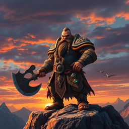 A heroic dwarf standing proudly on a rocky mountain peak, wearing ornate, intricately designed armor adorned with gemstones