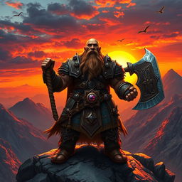 A heroic dwarf standing proudly on a rocky mountain peak, wearing ornate, intricately designed armor adorned with gemstones