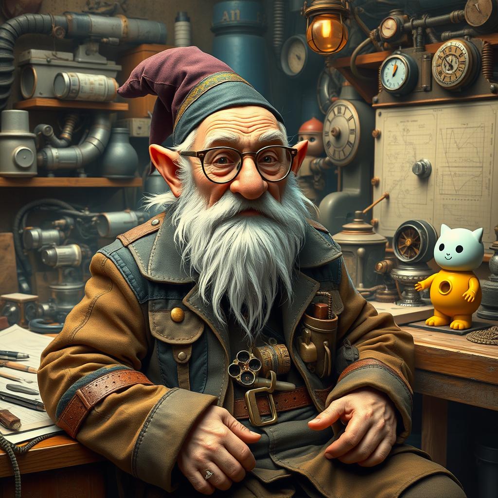 An elderly gnome inventor, adorned in a patchwork leather coat filled with pockets of tools and gadgets, seated at a cluttered workbench overflowing with blueprints and mechanical parts