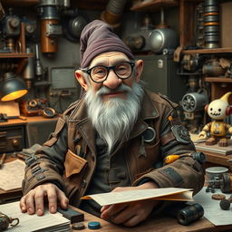 An elderly gnome inventor, adorned in a patchwork leather coat filled with pockets of tools and gadgets, seated at a cluttered workbench overflowing with blueprints and mechanical parts