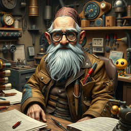 An elderly gnome inventor, adorned in a patchwork leather coat filled with pockets of tools and gadgets, seated at a cluttered workbench overflowing with blueprints and mechanical parts