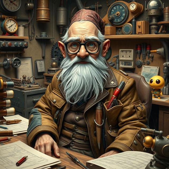 An elderly gnome inventor, adorned in a patchwork leather coat filled with pockets of tools and gadgets, seated at a cluttered workbench overflowing with blueprints and mechanical parts