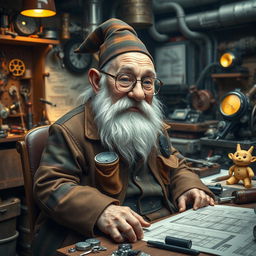 An elderly gnome inventor, adorned in a patchwork leather coat filled with pockets of tools and gadgets, seated at a cluttered workbench overflowing with blueprints and mechanical parts