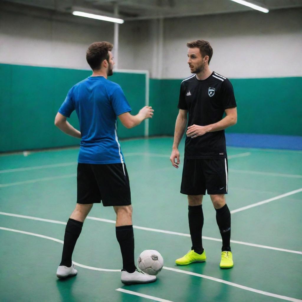 Two players discussing key rules of indoor soccer on a vibrant futsal court