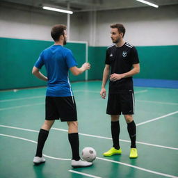 Two players discussing key rules of indoor soccer on a vibrant futsal court