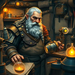 An elderly warrior dwarf, with a long, braided silver beard and battle-worn features, is depicted in a cozy workshop surrounded by his inventive creations