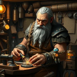 An elderly warrior dwarf, with a long, braided silver beard and battle-worn features, is depicted in a cozy workshop surrounded by his inventive creations