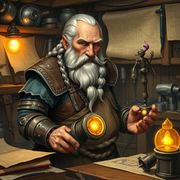 An elderly warrior dwarf, with a long, braided silver beard and battle-worn features, is depicted in a cozy workshop surrounded by his inventive creations