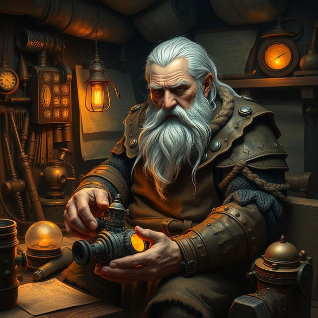 An elderly warrior dwarf, with a long, braided silver beard and battle-worn features, is depicted in a cozy workshop surrounded by his inventive creations