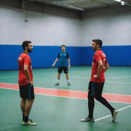 Two players discussing key rules of indoor soccer on a vibrant futsal court