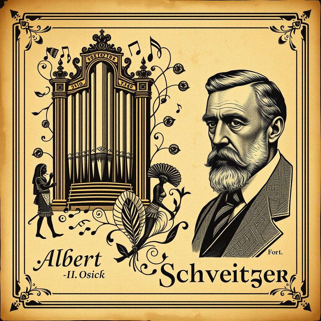 A vintage book cover dedicated to the organist Albert Schweitzer