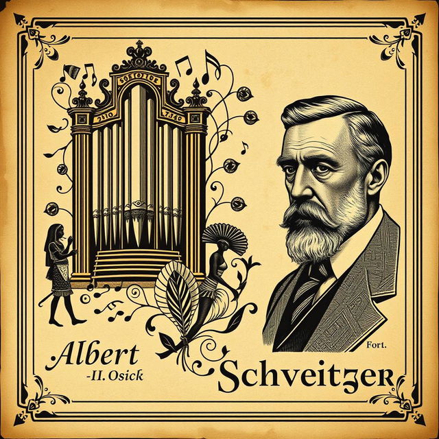 A vintage book cover dedicated to the organist Albert Schweitzer