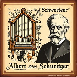 A vintage book cover dedicated to the organist Albert Schweitzer