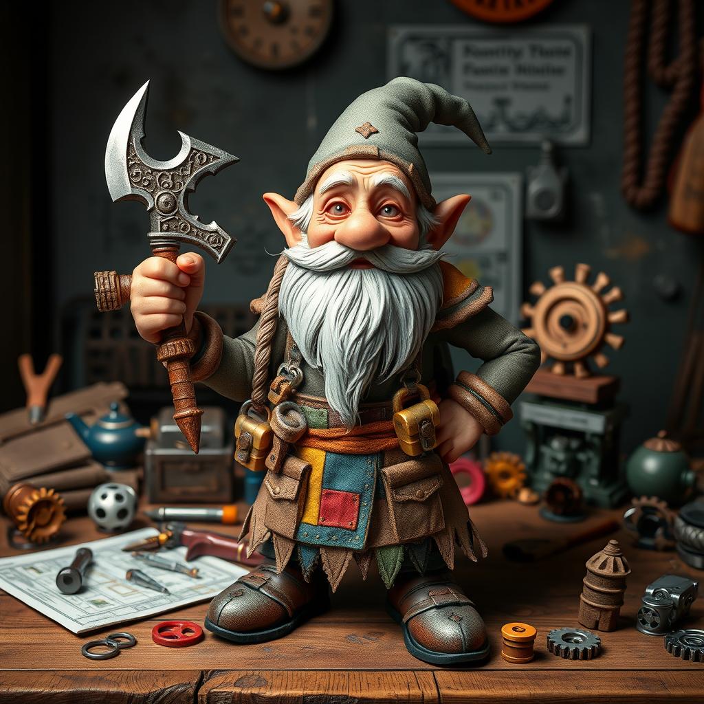 An elderly gnome warrior who has transformed into an inventive genius, depicted in a whimsical style