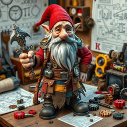 An elderly gnome warrior who has transformed into an inventive genius, depicted in a whimsical style