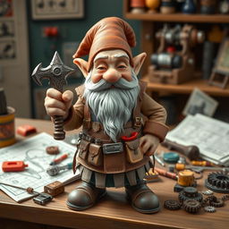 An elderly gnome warrior who has transformed into an inventive genius, depicted in a whimsical style