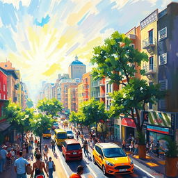 An impressionist painting depicting a vibrant cityscape filled with bustling streets, lively people, moving vehicles, and colorful buildings