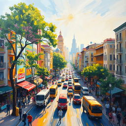 An impressionist painting depicting a vibrant cityscape filled with bustling streets, lively people, moving vehicles, and colorful buildings