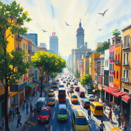 An impressionist painting depicting a vibrant cityscape filled with bustling streets, lively people, moving vehicles, and colorful buildings