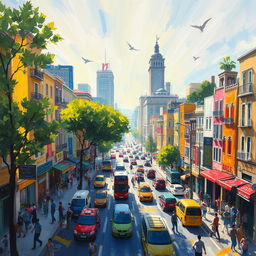 An impressionist painting depicting a vibrant cityscape filled with bustling streets, lively people, moving vehicles, and colorful buildings