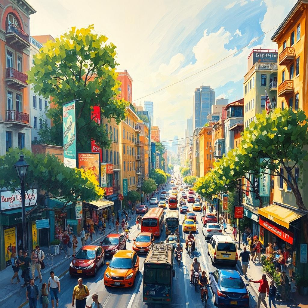 An impressionist painting depicting a vibrant cityscape filled with bustling streets, lively people, moving vehicles, and colorful buildings