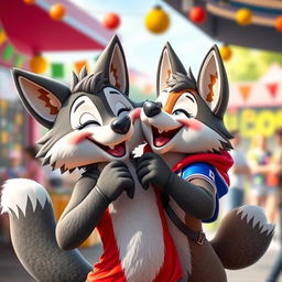 A female Zabivaka, a lively and playful wolf character inspired by the 2018 FIFA World Cup mascot, joyfully engaging in a playful and flirtatious yiffing scenario