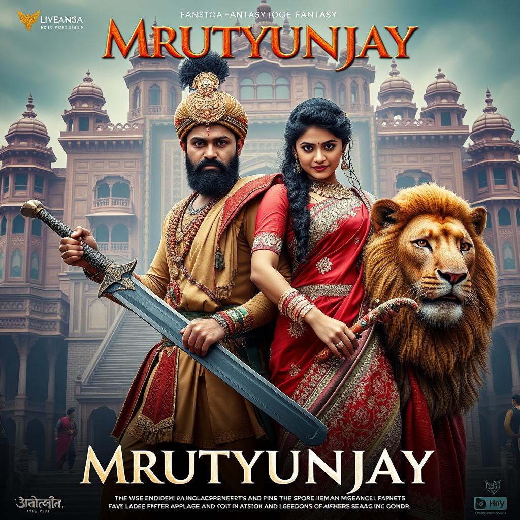 A cinematic fantasy film poster for 'Mrutyunjay', featuring a 30-year-old Indian man as a historical mythical warrior dressed in traditional warrior attire, holding a massive sword