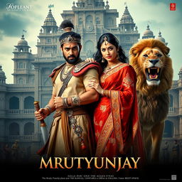 A cinematic fantasy film poster for 'Mrutyunjay', featuring a 30-year-old Indian man as a historical mythical warrior dressed in traditional warrior attire, holding a massive sword