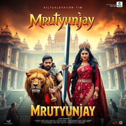 A cinematic fantasy film poster for 'Mrutyunjay', featuring a 30-year-old Indian man as a historical mythical warrior dressed in traditional warrior attire, holding a massive sword