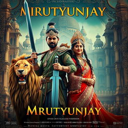 A cinematic fantasy film poster for 'Mrutyunjay', featuring a 30-year-old Indian man as a historical mythical warrior dressed in traditional warrior attire, holding a massive sword