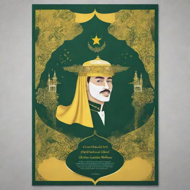 Design a futuristic poster for Brunei's National Day, incorporating elements representing the nation's culture and heritage, combined with imaginative, future-oriented designs.