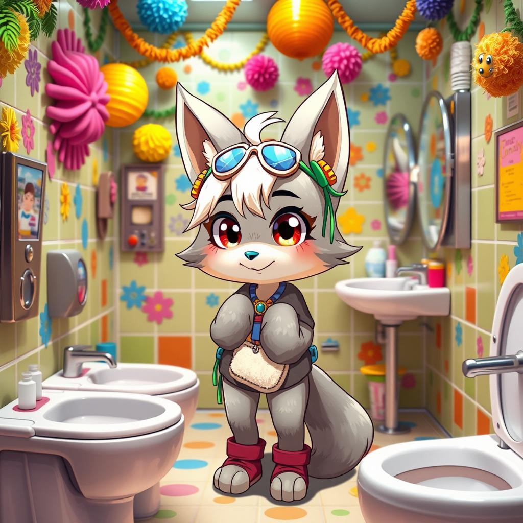 A female zabivaka character with playful and anthropomorphic features, standing in a brightly decorated bathroom at a furry convention