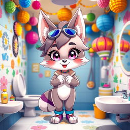 A female zabivaka character with playful and anthropomorphic features, standing in a brightly decorated bathroom at a furry convention