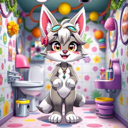 A female zabivaka character with playful and anthropomorphic features, standing in a brightly decorated bathroom at a furry convention