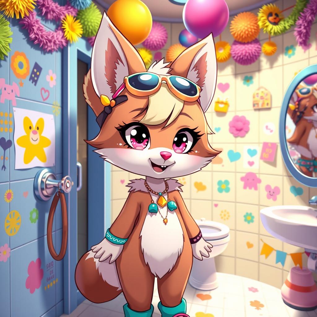 A female zabivaka character with playful and anthropomorphic features, standing in a brightly decorated bathroom at a furry convention