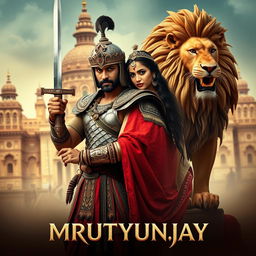 An Indian 30-year-old male warrior, dressed in intricate historical mythical armor and a beautifully designed warrior helmet, intensely holding a sword, stands in a dramatic pose