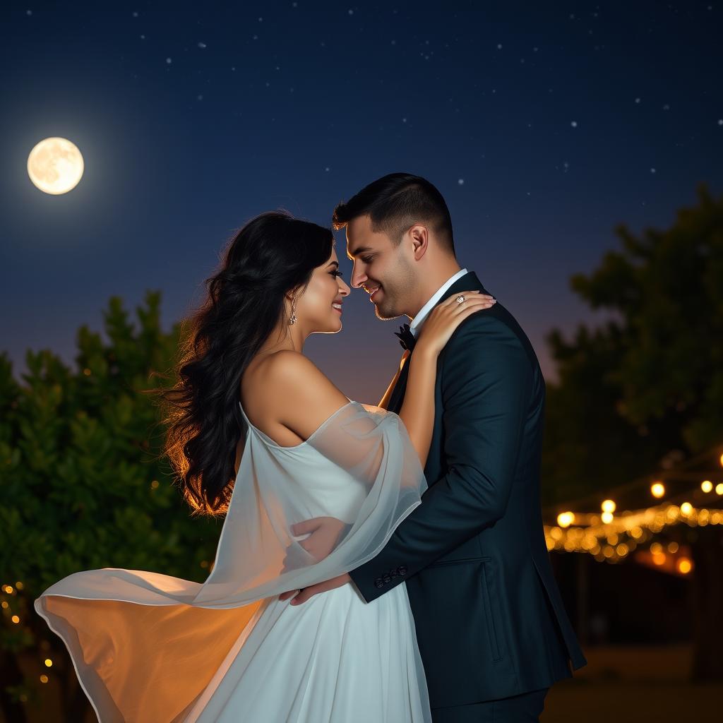 A couple sharing a romantic moment under a starry night sky, the soft glow of the moon illuminating their faces